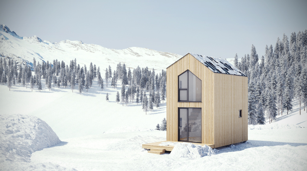 Vizualizace modulového domu z exteriéru v zimním prostředí